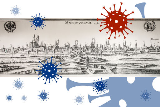 Bildstich des historischen Magdeburg mit symbolischen Viren im Vordergrund