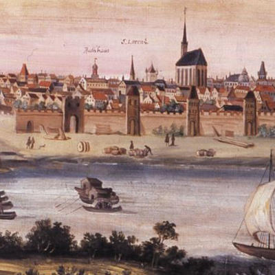 Magdeburg nach van de Velde (17. Jahrhundert) mit Warenumschlagplatz am Elbufer