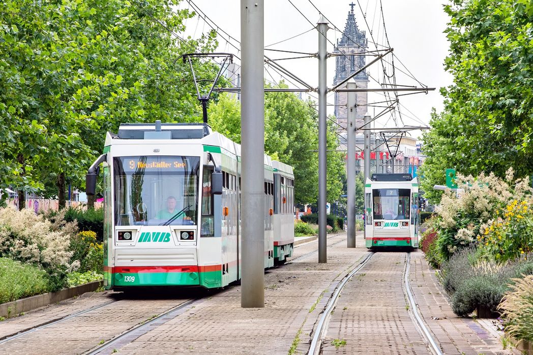 Bild vergrößern: Bahnen der Magdeburger Verkehrsbetriebe im Breiten Weg
