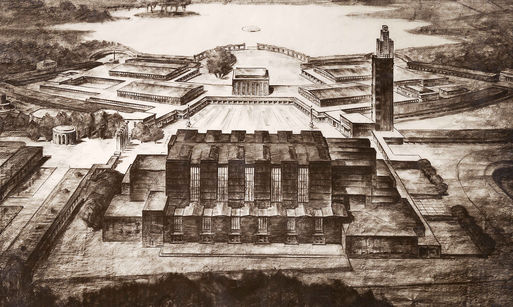 Bild vergrößern: Gesamtansicht des Ausstellungsgeländes der Deutschen Theaterausstellung 1927 (Zeichnung)