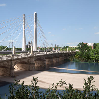 Visualisierung der Anna-Ebert-Brücke mit Pylonbrücke im Hintergrund