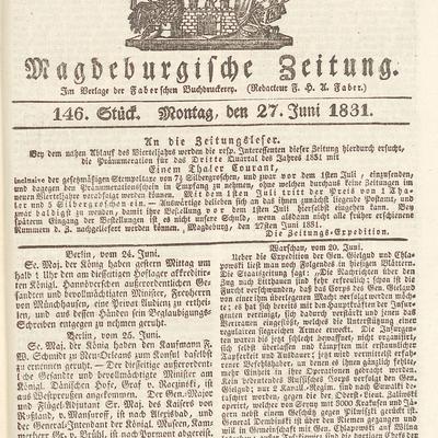 Titelblatt der Magdeburgischen Zeitung vom 27.06.1831