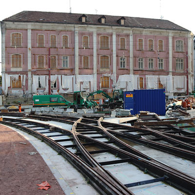 Arbeiten am neuen Gleisdreieck Willy-Brandt-Platz, 08/2020