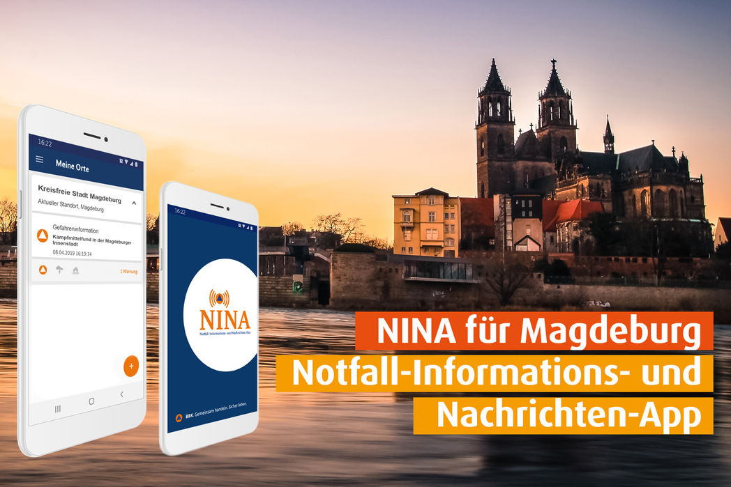 Bild vergrößern: Elbe und Dom mit Schriftzug: NINA für Magdeburg