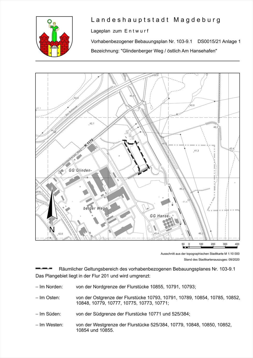 Bild vergrößern: Lage zum B-Plan 103-9.1 "Glindenberger Weg/östl. Am Hansehafen"