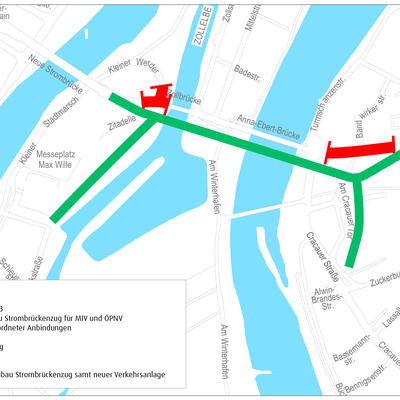 Übersicht der Vollsperrung bis August 2023 des Magdeburger Strombrückenzuges