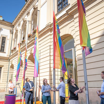 Repräsentanten aus Politik, Vereinen, Organisationen hissen die Regenbogen-Fahne
