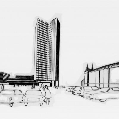 Zentraler Platz mit Hochhaus des Schwermaschinenbaus (Entwurfszeichnung, Juli 1968)