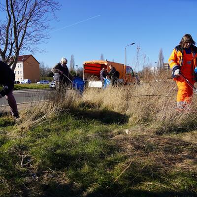 Mitarbeitende der Stadtverwaltung Magdeburg und Freiwillige sammeln Müll