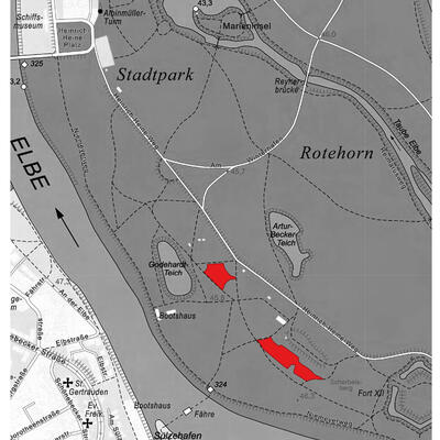Karte mit Markierung der Open-Air-Begegnungsstätte im Stadtpark Magdeburg