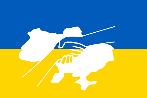 Ukraineflagge mit Umriss Land und Hände