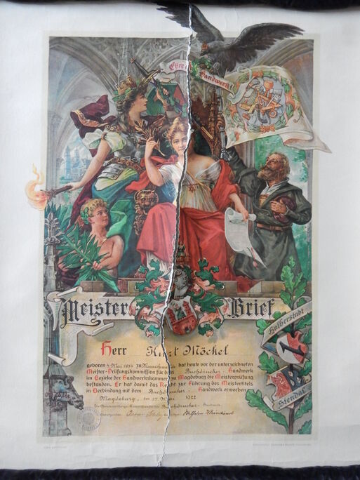 Farbiger Meisterbrief von Buchdruckermeister Kurt Möckel, 1922