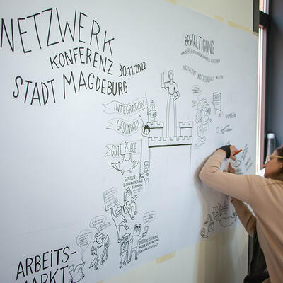 Eine Frau arbeitet Gedanken zum Thema Netzwerk an einem Whiteboard aus