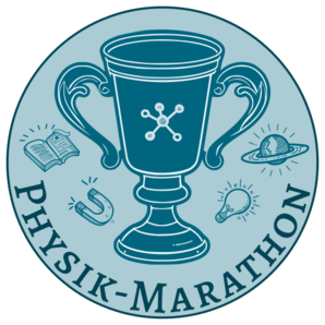 Bild vergrößern: Das Logo des Physik-Marathons der Otto-von-Guericke-Universität Magdeburg zeigt einen Pokal und ein aufgeschlagenes Buch, ein Hufeisen, einen Planeten darum angeordnet