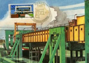 Bild vergrößern: Im Stil des »neuen Bauwillens« in Magdeburg: die Briefmarke mit dem neusachlichen Unterhaupt des Schiffshebewerks Rothensee