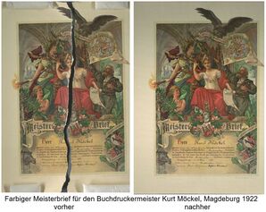 Bild vergrößern: Farbiger Meisterbrief für den Buchdruckermeister Kurt Möckel, Magdeburg 1922