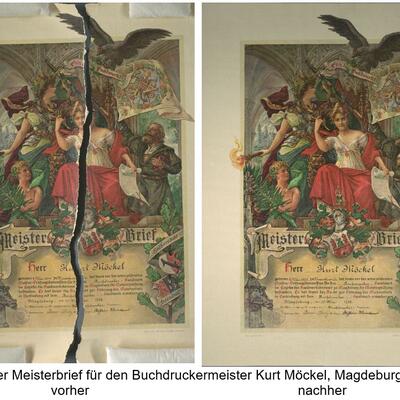 Farbiger Meisterbrief für den Buchdruckermeister Kurt Möckel, Magdeburg 1922