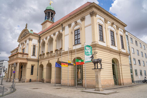Altes Rathaus der Landeshauptstadt Magdeburg mit der Mayors For Peace Beflaggung