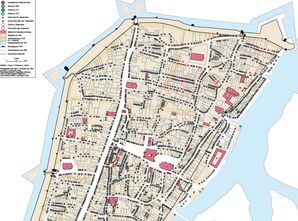 Bild vergrößern: Tafel 8.3 Zerstörung im Dreißigjährigen Krieg und Wiederaufbau (Ausschnitt), Quelle: Deutscher Historischer Städteatlas Magdeburg, Münster 2024