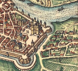 Bild vergrößern: Der Kupferstich von Franz Hogenberg zeigt eine Teilansicht der wieder aufgebauten Sudenburg um das Jahr 1572