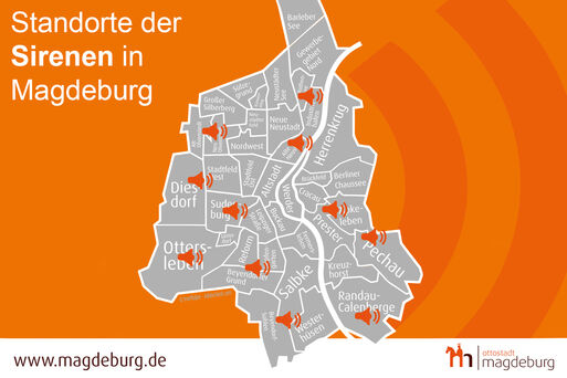 Bild vergrößern: Übersichtskarte mit den fest installierten Warnsirenen in Magdeburg